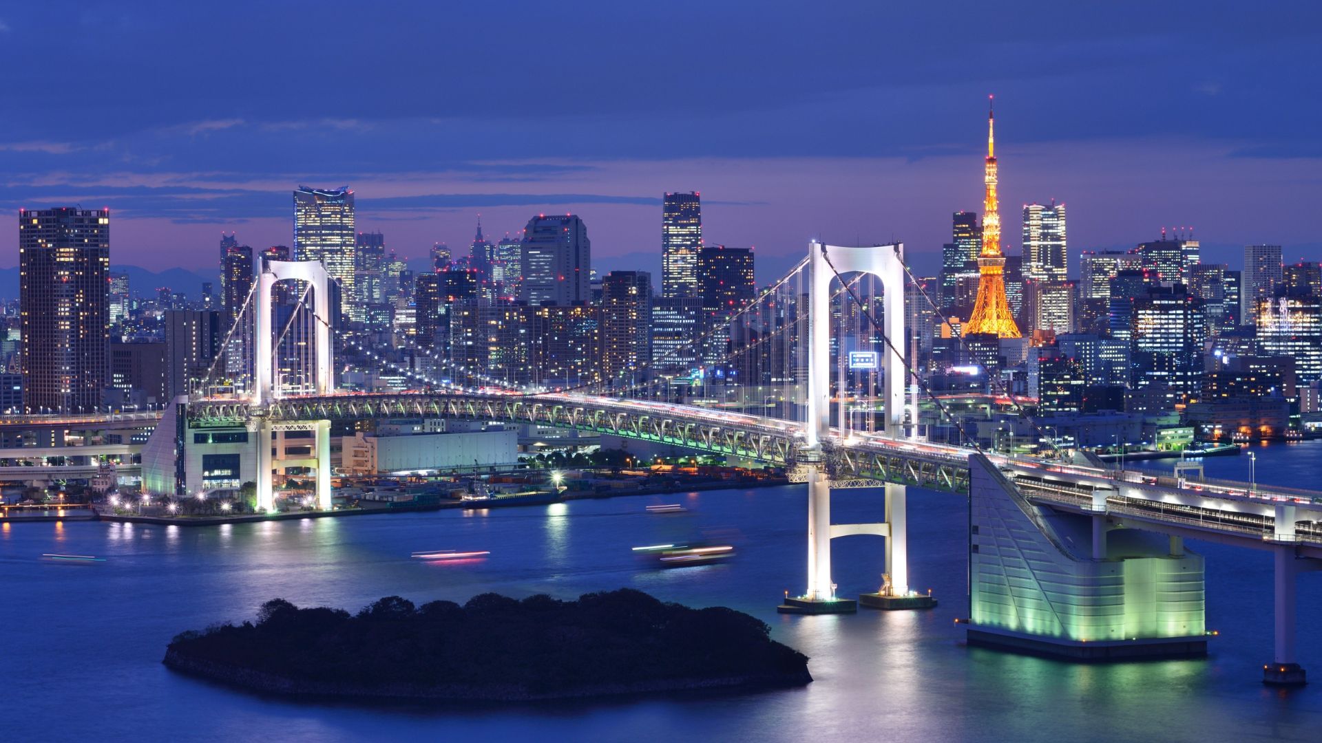 Rainbow Bridge in Tokyo Japan at night